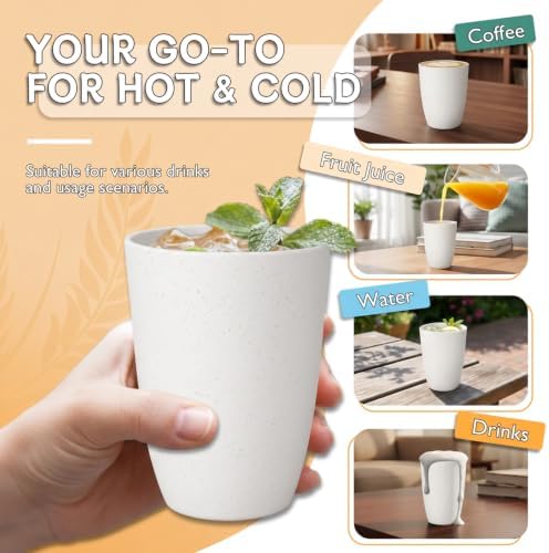 Wrova Wheat Straw Cups Set of 6 Good Alternative to Plastic Cups Reusable 12 oz Unbreakable Drinking Cup Reusable Dishwasher Safe Water Plastic Kitchen Glasses - White - Image 4