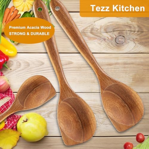 2 Pack Premium wooden spoons for cooking - Acacia Wood Kitchen utensils for Cooking and Stirring, Durable Hardwood Stirring Spoon, Non-Scratch Cooking utensil Tool, Ergonomic Handle 13 Inches - Image 4