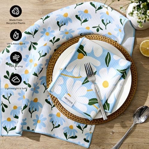 RECYCO Waffle Kitchen Towel Set of 2 - Quick Dry Microfiber Sustainable Dish Towels - Ultra Absorbent Reusable Cleaning Tea Towels - Lightweight Hand Towels,16”x 28”, Daisy Dreams - Image 3