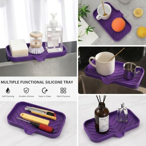 MicoYang Silicone Soap Dish with Drain Spout — Self-Draining Sink Organizer Tray for Bathroom & Kitchen, Sponges, Dispensers & Soap Holder, Non-Slip & Dishwasher Safe, Purple (Medium, 9.6"×5.3") - Image 5
