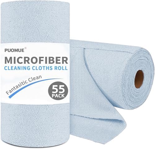 Puomue 55 Pack Microfiber Cleaning Cloth Roll, Tear Away Reusable Towels, 11" x 9", Ultra Absorbent & Lint Free Microfiber Cloth for Cleaning Cars, Kitchen, Window, and Shop (Light Blue, 9"x11"-55PK) by Puomue