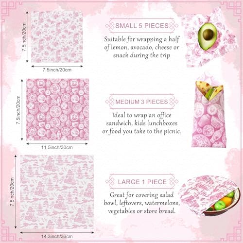 Tigeen 9 Pack Reusable Beeswax Wrap for Food Chinoiserie Beeswax Paper for Sourdough Bread Cheese Paper Wrapping Wax Cloth Food Wraps Bread Sandwich Wrapper 1 XL 3 Medium 5 S(Pink,Chinoiserie) - Image 2