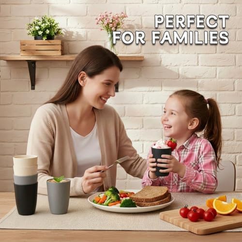 Wrova Wheat Straw Cups Set of 6, 12 OZ Plastic Cups Reusable Kitchen Cups,Dishwasher Safe Water Cups for Kids, Unbreakable Drink Cups for Juice,Ice Coffee,Tea- Black & Gray - Image 5
