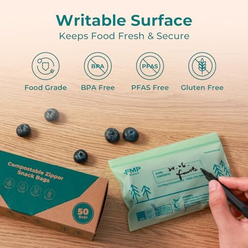 Fit Meal Prep 50 Pack 100% Compostable Snack Bags, 6.5 x 4.1" Resealable Food Storage Bags Snack Size, Plant-Based Freezer Bags for Food, ASTM D6400, US BPI & EU OK Compost Certified - Image 4
