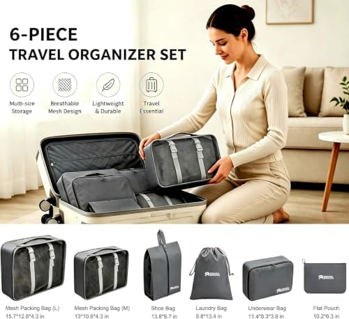 6 Set Packing Cubes, Luggage Packing Organizers for Travel Accessories, Carry on Suitcase Organizer Bags, Travel Essentials Luggage Accessories for Cruise Ship (Gray) - Image 4