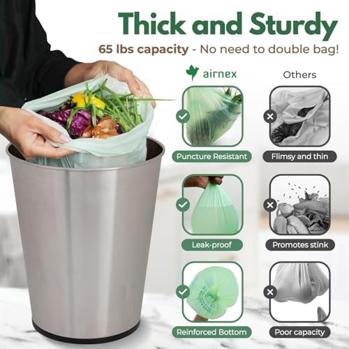 AIRNEX Compostable Kitchen Trash Bags 8 Gal - Cornstrarch Leakproof & Tear Resistant 50 Compost Bags - OK Compost Home & Seedling Certified 0.22 mm Kitchen Garbage Bags - Image 3