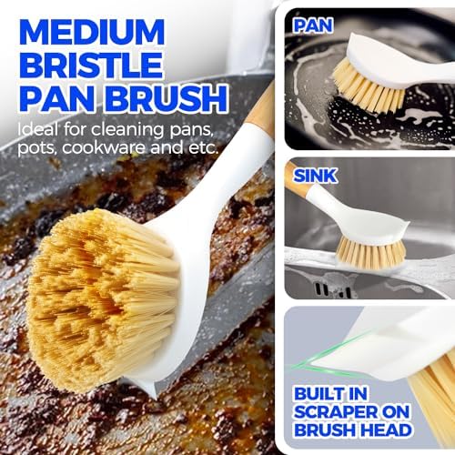 Holikme 3 Pack Dish Brush with Bamboo Handle Cleaning Brush,White Black - Image 4