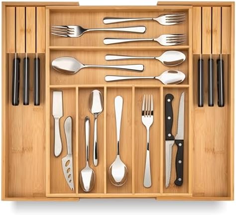 Purawood Bamboo Drawer Organizer with Knife Blocks - Silverware Organizer & Utensil Drawer Organizer, Cutlery Tray with Dividers, 7-9 Slots- Premium Kitchen Organizer for Utensils & Flatware (Natural) by PURAWOOD