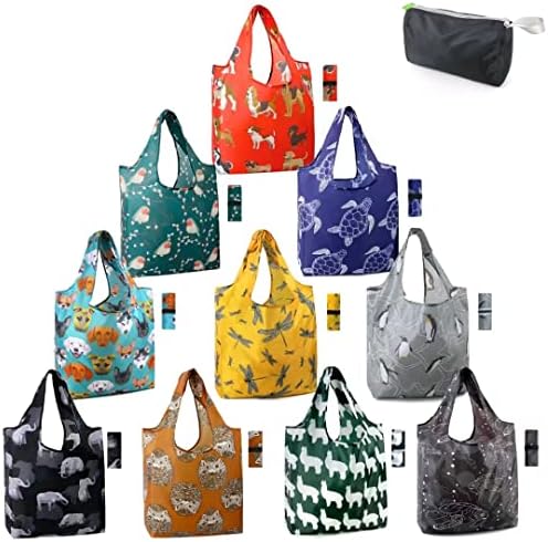 BeeGreen Animal Reusable Shopping Bags Grocery Totes 10 Pack with Zipper Carry Pouch Cute Shopper Bags XLarge Machine Washable Durable Gifts for Animal Lovers Women by BeeGreen