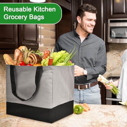 3 Pack Canvas Reusable Grocery Bags Heavy Duty, 8.3 gal Foldable Large Tote Bag with Handles, Holds 60 lbs Canvas Shopping Bags & Washable Eco-friendly Bags with 5 Pockets, Grey+Black - Image 2