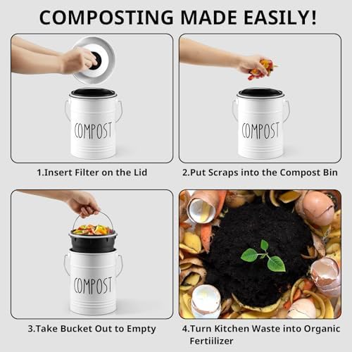 Kitchen Compost Bin, 1 Gallon Countertop Compost Bin with Lid, Indoor Compost Bucket, Includes Inner Bucket Liner and Carbon Filters, White - Image 5