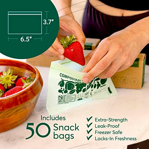 Cleanomic Compostable* Snack Size Food Storage Bags (50 Eco Zip) Freezer and Leak Proof, Also Available Gallon, Quart and Sandwich Size Bags - Image 5