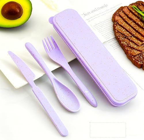 Travel Utensils - Wheat Straw Portable Camping Cutlery Set (Purple,Purple) - Image 2