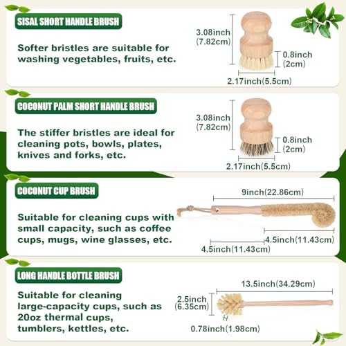 8 Pcs Bamboo Dish Brush Dish Washing Scrub Bottle Brush Wooden Palm Pot Brush Cleaning Scrubbers with Natural Sisal Bristles Long Handle for Pots Pans, Bottle, Sink, Vegetables, Household Cleaning - Image 3