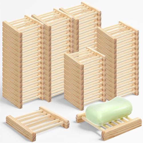 Natural Bamboo Wood Soap Dish with Drainage Tray - Bulk 50 Pcs Wooden Soap Holder for Bathroom, Kitchen Sink, Bar Soaps & Sponges - Rustic Home Decor Organizer, 3.3 x 3.3 x 0.67 Inch by Unknown