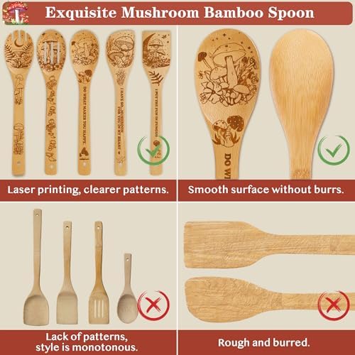 Mushroom Kitchen Decor Bamboo Wooden Spoons With Utensil Holder-Mushroom Kitchen Accessories for Cooking-Home Decorations Gifts for Women-Housewarming,Birthday,Easter,Mothers Day Gift（6PCS） - Image 3