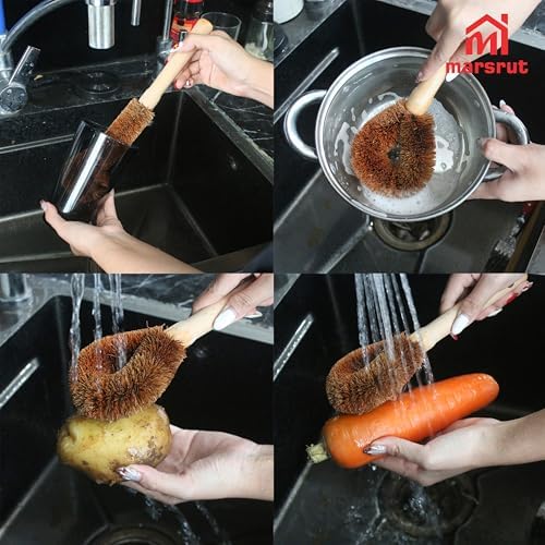 2pcs Coconut Fiber Bottle Brush, Bottle Cleaner Dish Scrubber, Eco Friendly Natural Wooden Cleaning Scrub Bristle Head for Deep Pan Kitchen Dishes Vegetable Washing, Sturdy Handle Holder, Dark Brown - Image 4