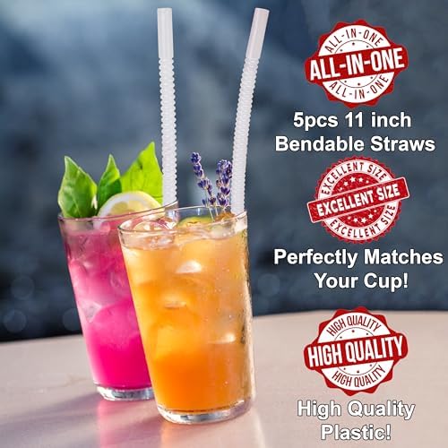 Bendable Straws - 11 inch Long Flexible Straws - Bendy Drinking Straw Reusable - 5 Pack - Image 2