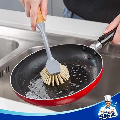 MR.SIGA Dish Brush with Bamboo Handle Built in Scraper, Pack of 2 - Image 3