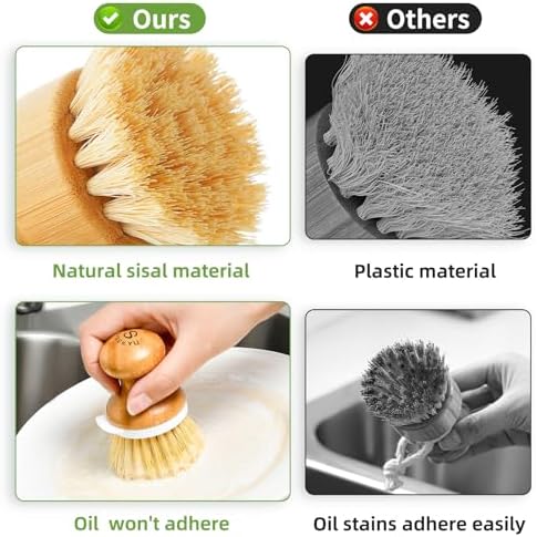 SUBEKYU Bamboo Dish Brush, Kitchen Dish Scrubber Brush with Soap Dispenser, Natural Wooden Dishwashing Brush for Cleaning Dishes/Pans/Pots, Built-in Scraper, Sisal Bristles,1 Set - Image 4