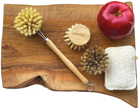 eplanita Natural Dish Brush, 3 Replacement Heads, Kitchen Eco Bamboo Scrubber Brushes, Extra Plant Sponge, Plastic Free Washing Up, Zero Waste Cleaning - Image 4