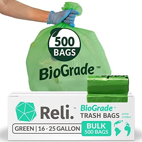 Reli. Biodegradable 16-25 Gallon Trash Bags | 500 Count Bulk | Green by Reli