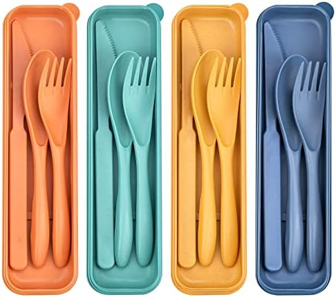 DISSKNIC 4 Sets Reusable Utensils Set with Case,Travel Utensils Cutlery Set Spoons and Forks Set, Reusable Plastic Utensils for Lunch Box Accessories for Adults, Portable Lunch Utensils Set for Daily by DISSKNIC
