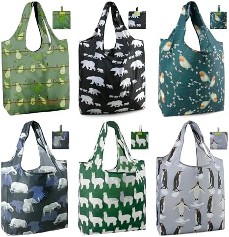 BeeGreen Animal Reusable Shopping Bags Cute Grocery Bag 6 Pack, Christmas Gift Bags Heavy-Duty Foldable Shopping Totes for Supermarket, Work & Travel, Large Washable Polyester Tote Bag with Handles by BeeGreen