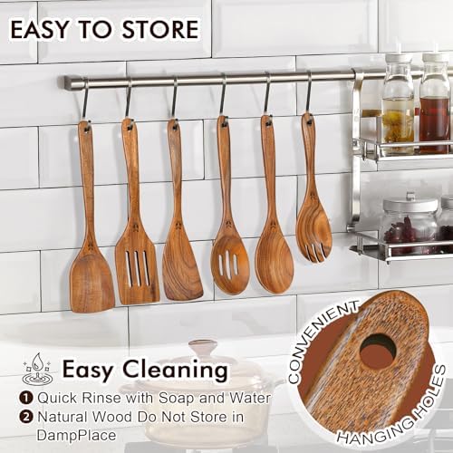Wooden Spoons for Cooking, 6 Pcs Natural Teak Wooden Kitchen Utensils Set, Cooking Utensils Set with Long & Comfort Grip, Wooden Spoons Spatula Set Perfect for Non-Stick Cookware - Image 6