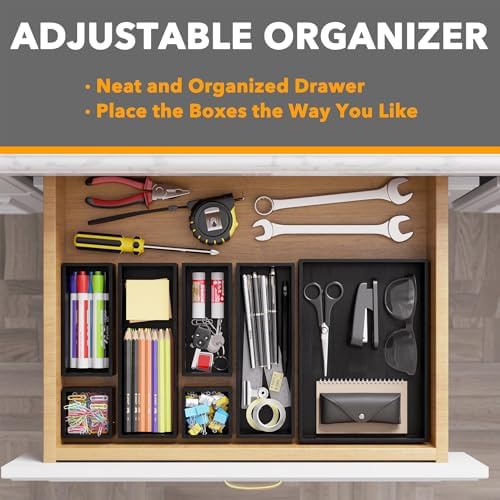 SpaceAid 7-Piece Bamboo Drawer Organizer Storage Boxes Set, Wood Tray Junk Drawer Organizers Multi-Use Divider Bins for Kitchen, Bathroom, Office Desk and Makeup Organization (7 Pack, Black) - Image 5