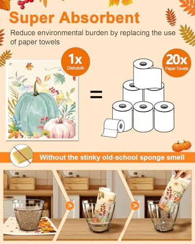 Miss Adola Fall Swedish Dishcloths for Kitchen - 5 Pack Reusable Dish Cloths for Washing Dishes Absorbent Cute Autumn Theme Kitchen Towels Cleaning Sponge, Watercolor Pumpkin - Image 4