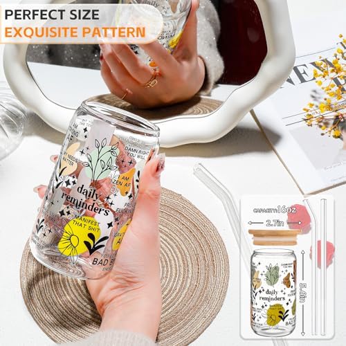 DWTS DANWEITESI Glass Cups with Lids and Straws with Design 4 pcs（Daily Reminder）,Clear Glass Cups 16 oz-Glass Tumbler,Cute Design Glass Iced Coffee Cups Mental Health Positive 480ml - Image 2