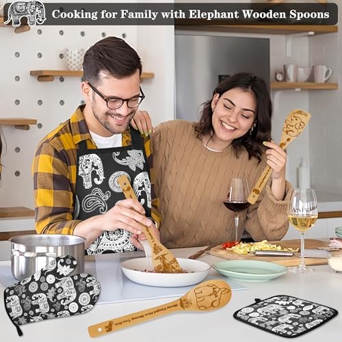 Elephant Gifts for Women,8pcs Elephants Bamboo Cooking Utensil Spoons with Apron Oven Mitt Potholder,Personalized Elephant Gift for Mom,Housewarming Kitchen Decor,Easter,Birthday,Fathers Day - Image 2