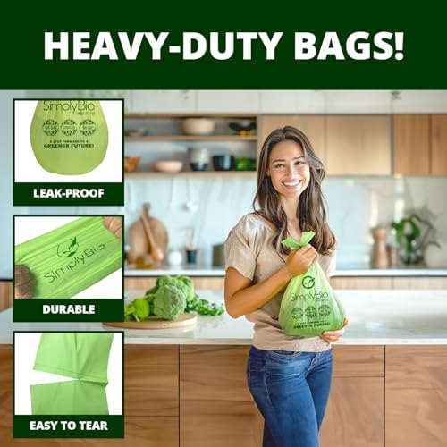 Simply Bio 1.6 Gallon Compostable Trash Bags Liners Handle, Heavy Duty Extra Thick 0.6 Mil, 6.06 Liter, 50 Bags, Small Kitchen Food Scrap Waste Bag, ASTM D6400, US BPI and OK Compost Home Certified - Image 4