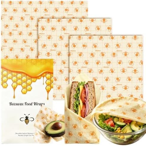 3 Pack Beeswax Wraps for Food - 1 Large & 2 Medium Bees Wax Wraps Reusable Eco-friendly Beeswax Paper Food Wraps, Plastic Free Beeswax Bread Wraps Food Storage Wraps for Sourdough Sandwich Bowl Covers by UhomyHomeDecorative