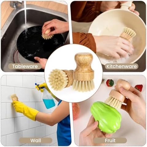 12 Packs Bamboo Dish Scrub Brush Wooden Washing Scrubbers with Sisal Bristles Kitchen Palm Pot Brush Round Mini Dish Brushes for Household Iron Pot Pan Sink Sink Vegetables Cleaning - Image 4