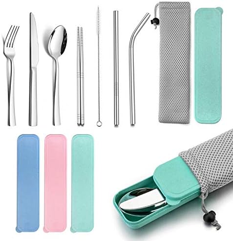 HaWare Portable Travel Utensils with Case, Stainless Steel Silverware Set for Camping Office School Lunch, Including Knife Fork Spoon Chopsticks, Reusable and Dishwasher Safe(Green) by HaWare