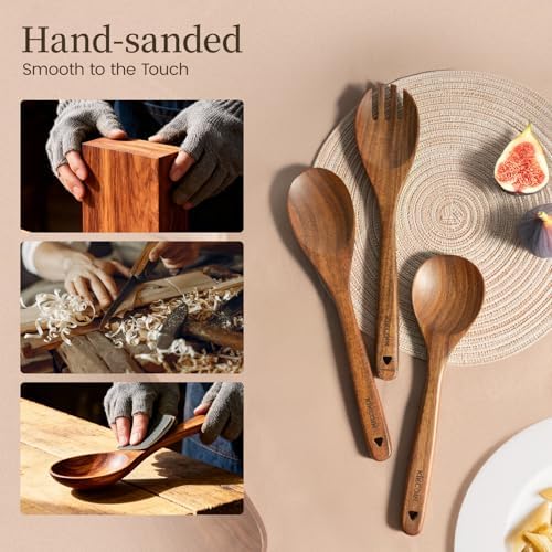 Kikcoin 7 PCS Durable Natural Teak Wooden Cooking Utensils Set, Non Toxic Wooden Spoons for Cooking, Wooden Utensil Set for Cooking with Comfort Grip, Nonstick & Easy to Clean Wood Kitchen Utensil Set - Image 7