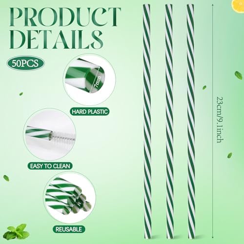 Honeydak 50 Pcs Reusable Plastic Straws Bulk,Green and White Stripe - Image 2
