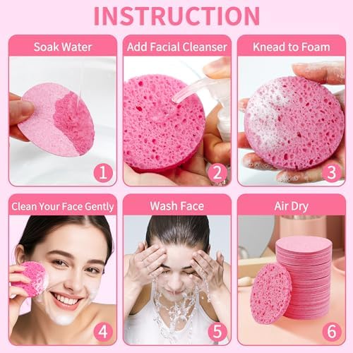 100-Count Compressed Facial Sponges, Natural Cellulose, Pink - Image 5