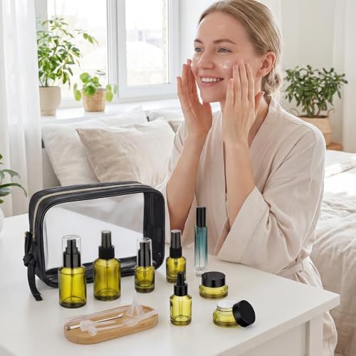 Segbeauty 8pcs Green Travel Essentials Bottles Skincare Containers Set with Makeup Bag, Empty Small Sprayer Travel Size Containers for Toiletries, Glass Dropper Bottle, Lotion Pump Bottle Cream Jar - Image 5
