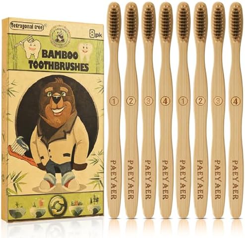 Biodegradable Eco-Friendly Natural Bamboo Charcoal Toothbrushes | 4 Soft Bristles + 4 Medium Bristles | Ideal for Households, Hotels, Travel, Work, Dentists, and Schools (8 Count) by paeyaer