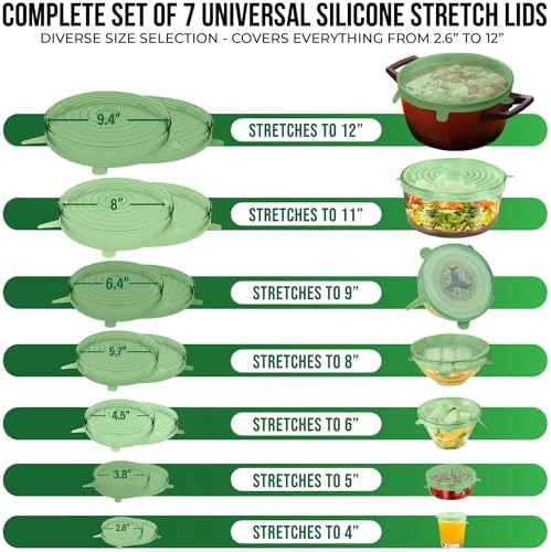 Reusable Silicone Stretch Lids for Food Storage in Fridge - Elastic Heat-Resistant Bowl Covers, Cups, Cans, Jars - Universal Food Grade Lid for Containers - 7 Pack - Light Green Stretchy Lid Set - Image 2