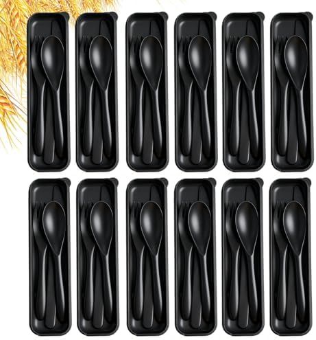 Travel Utensils with Case, 12 Sets Camping Utensil Sets, Wheat Straw Portable Knife Fork Spoons Tableware, Reusable Utensils for Lunch Box (Black) by HMDZMR