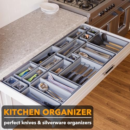 SpaceAid 21-Piece Bamboo Drawer Organizer Storage Boxes Set, Wood Tray Junk Drawer Organizers Multi-Use Divider Bins for Kitchen, Bathroom, Office Desk and Makeup Organization (21 Pack, Gray) - Image 4