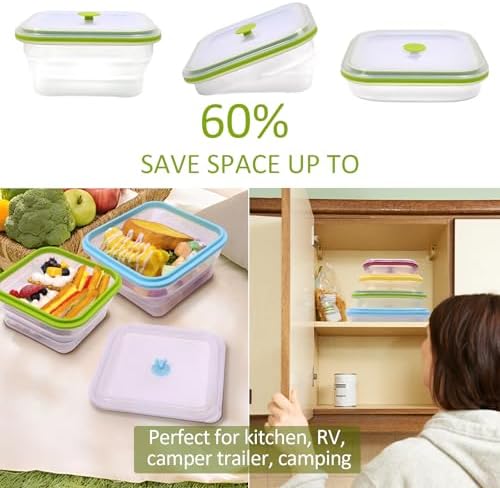 Set of 4 Collapsible Full Silicone Food Storage Containers with Lids, Square Clear Bento Lunch boxes for Meal Prep, Lunch, Leftovers, Travel, Microwave Fridge Dishwasher Safe, BPA Free - Image 5