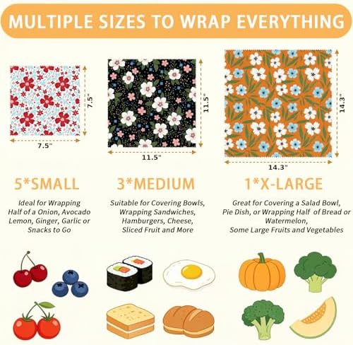 Reusable Beeswax Wraps, Floral Beeswax Wraps, 9 Pack Eco-Friendly Food Storage, Organic, Sustainable, Zero Waste, Plastic-Free, For Sandwich, Snack, Bowl, Bread, Fruit, 1XL, 3M, 5S - Image 2