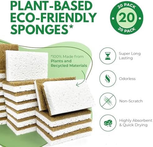 AIRNEX Natural Kitchen Sponges Pack of 20 - Biodegradable Cellulose and Coconut Husk Walnut Scrubbers - Odor Free Non Scratch - Eco Friendly Quick Drying Dishwashing Sponges - Image 2