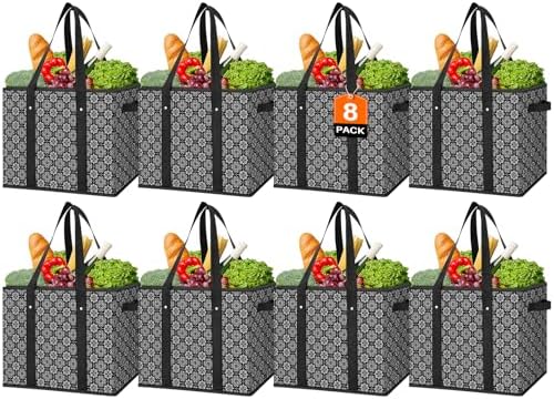 Reusable Grocery Bags 8 Pack, Foldable & Water Resistant Shopping Bags by WiseLife