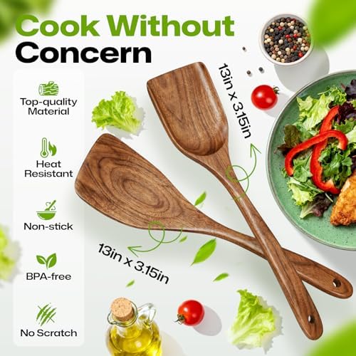 AIUHI 2-Piece Teak Wooden Spatula Set, Wooden Cooking Spatulas for Flipping, Stir-Frying & Serving, Nonstick-Safe Wooden Kitchen Utensils - Image 3